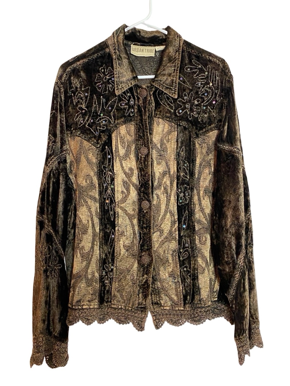 Vintage Jacket Womens Size XL Velvet Tapestry Sequin Boho Western Brown Gold